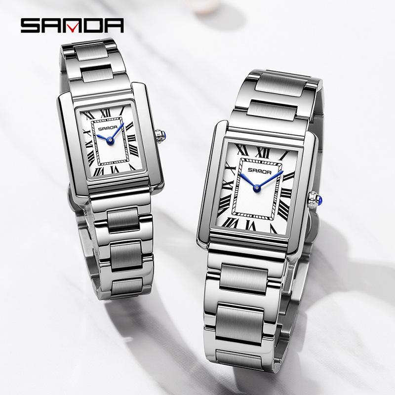 Montre à Quartz pour Femme Sanda, Petit Cadran, Chiffres Romains, Mode Étanche Rectangulaire, Design Couple.