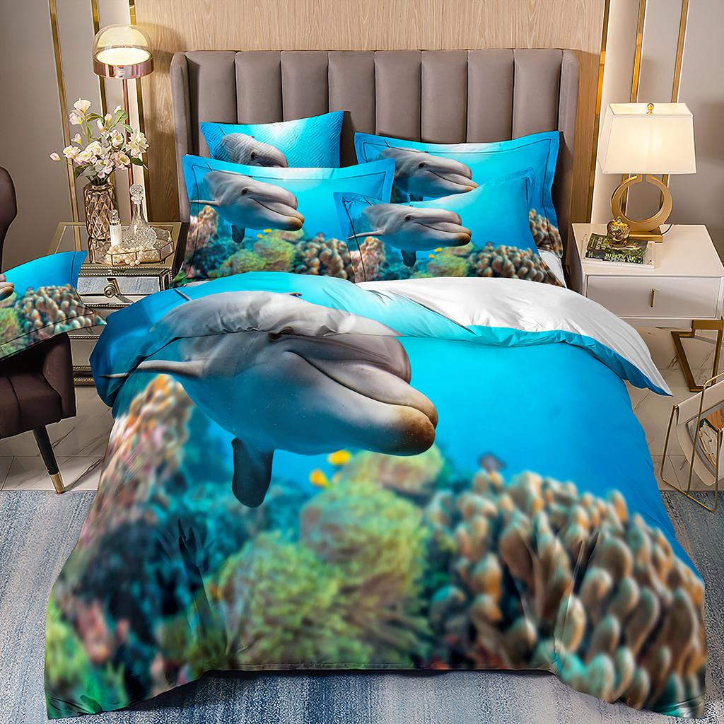 3D-gedruckte Heimtextilien Bettwäsche Delfin Meeresschildkröte Meerestier Quilt-Set Dreiteiliges Set