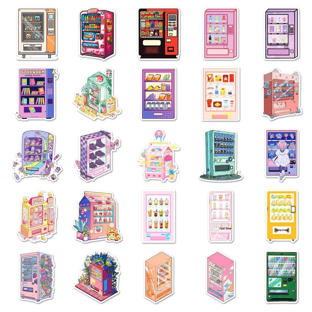 50pcs Cartoon Vending Machine Graffiti Stickers for Water Bottles, Phone Cases, and Stationery