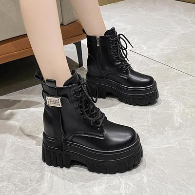 Bottes d'hiver à plateforme haute pour moto, bottes compensées chaudes à la cheville, bottes à semelles épaisses pour femmes, nouvelles chaussures d'automne en cuir pour femmes