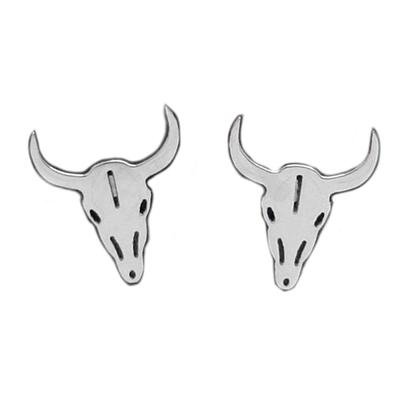 [Q5082] - Silver 'Boho' Steel Designer Earrings (bison Skull) - 12x10 Mm