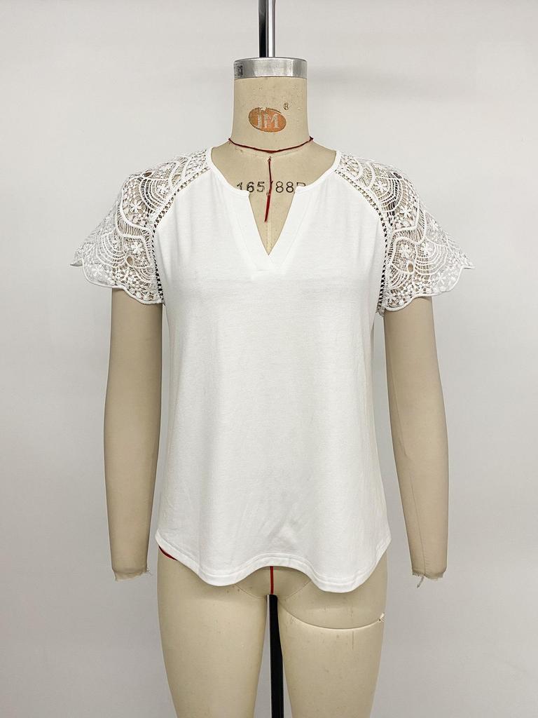 European and American Lace Stitching V-Neck Short Sleeve Top - 2026 Summer Women's Casual Loose T-shirt