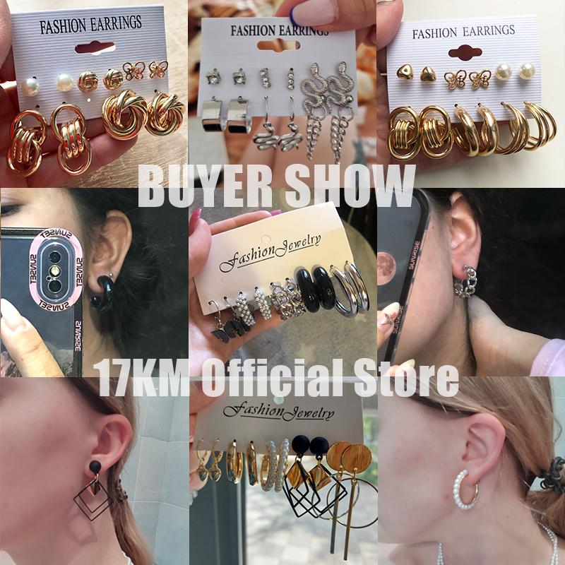 17KM Vintage Küpe Seti Metal Altın Rengi Sarkan Küpeler Kalp Kelebek Çember Küpeler Geometrik Moda Takı Trend