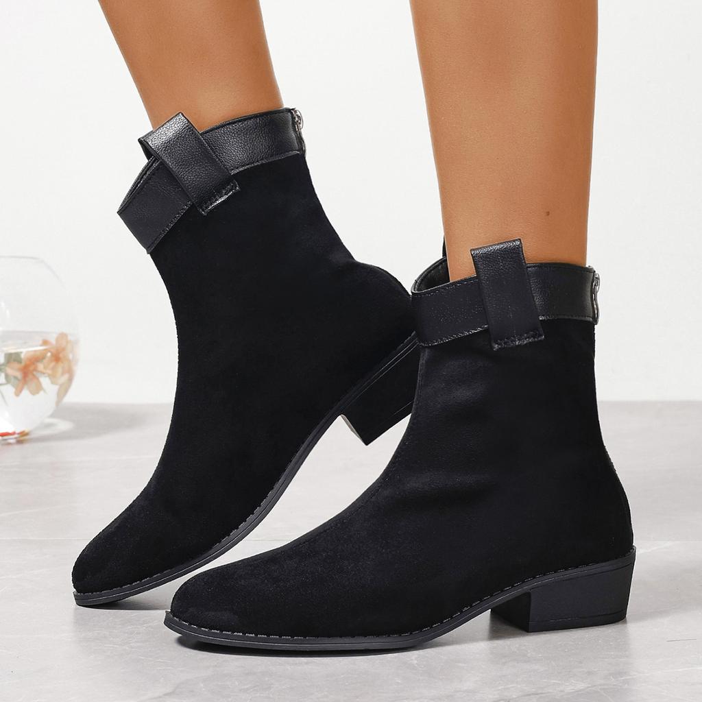 Large Size Soft Fur Vintage Western Cowboy Boots Women's Coarse Heel Short Boots Autumn and Winter Frosted Pointed Chelsea Boots
