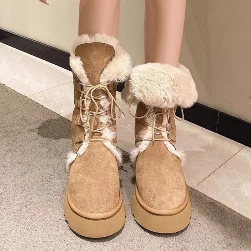 2025 New Women Ankle Boots Winter Warm Outdoor Leisure Working Fur Snow Boots Wedges Heels Platforms Lace-Up Shoes Woman