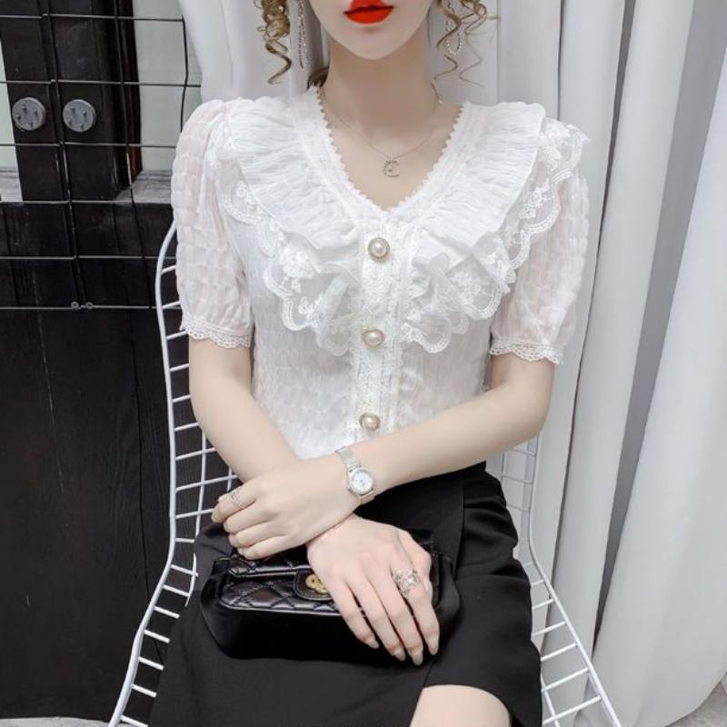 Female Summer Solid Colour Casual Short-sleeved T-shirt Fashion Lace Ruffle Top Temperament Sweet Chiffon V-neck Shirt