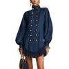 Elegant High-Neck Double-Breasted Button Lantern Sleeve Dress With Lace Trim Irregular Hem Street Style