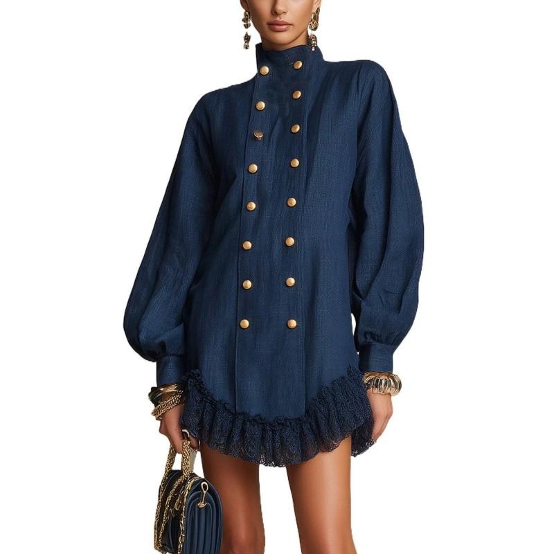 Elegant High-Neck Double-Breasted Button Lantern Sleeve Dress With Lace Trim Irregular Hem Street Style