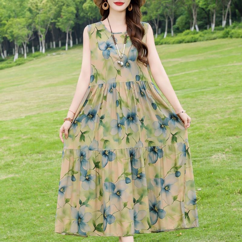 Elegant Sleeveless Dress for Women Plus Size Loose Vintage Print Long Dress Summer Middle-aged Women's Clothing