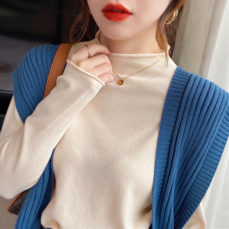 Ladies autumn winter Long Sleeve stand Collar slim fit Basic Solid Color Pullover T Shirt Top for Layering