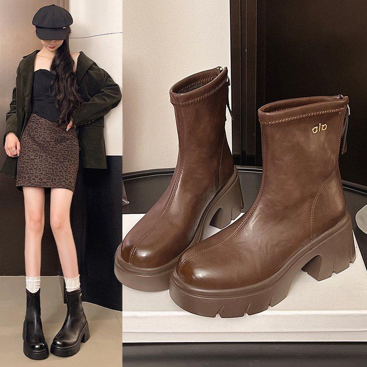 Dadong fashion boots women's shoes 2025 winter new casual thick heel rear zipper high heel round head Martin boots women