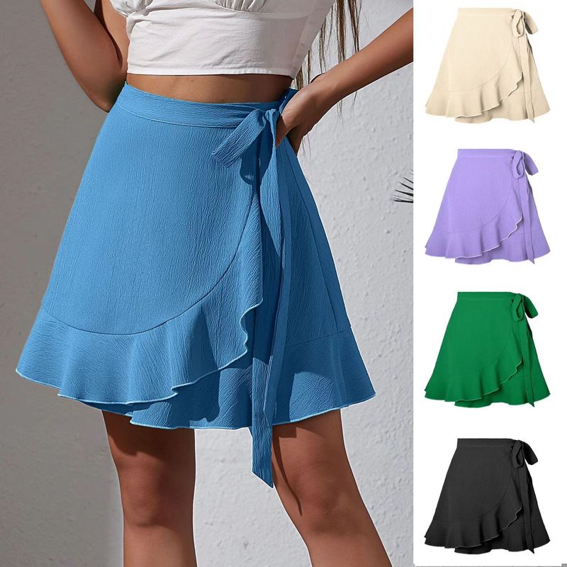 Western Style Solid Lace-up Skirt High Waist Solid Frill Short dress Lace up Ruffle Skirt