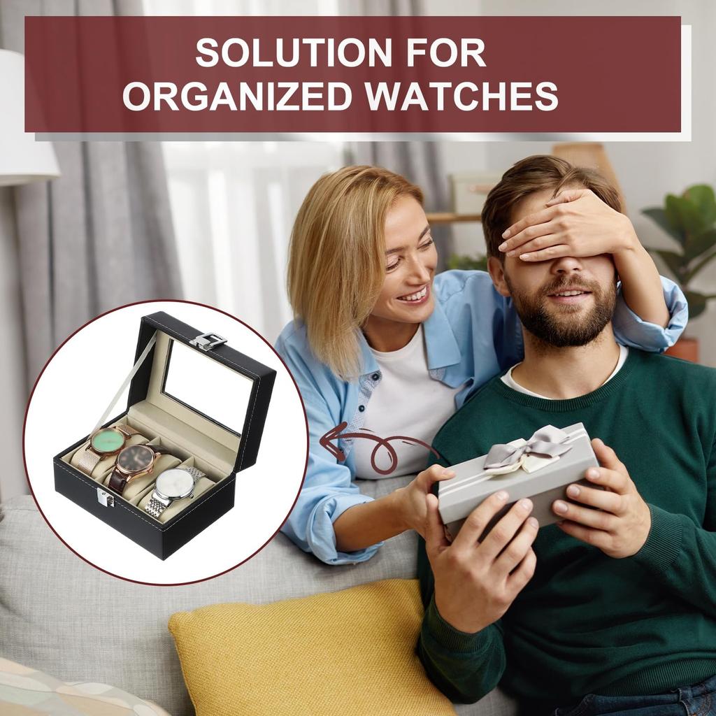 Uxcell 3-Slot Watch Storage Box with Glass Cover, Men's Watch Box, Removable Watch Pillow, Wooden Watch Box, BlackBeige