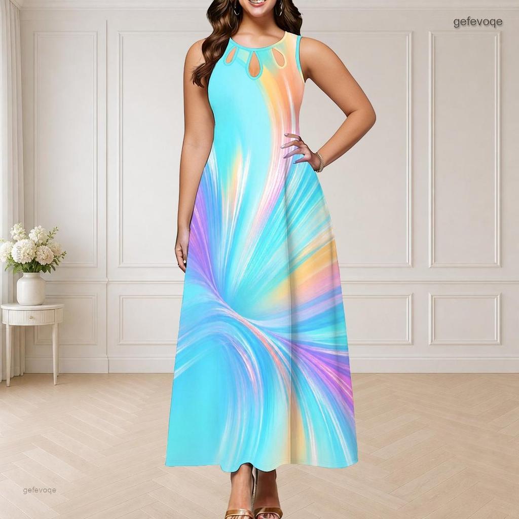 Women Plus Size Round Neck Triple Keyhole Cutout Sleeveless Printed Colorful Gradient Long Dress