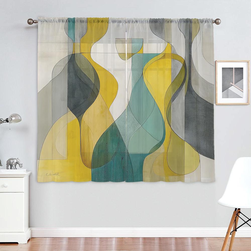 2PCS Digital Print Sheer Curtain, Artistic Geometric Abstract Lines Pattern, Modern Minimalist Nordic Style Home Decor