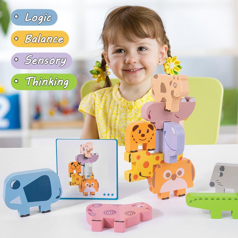 Animal Blocks Wooden Toys Matching Stacking Balance Thinking Sorting Board Game Montessori Sensory Educational Toys for Children