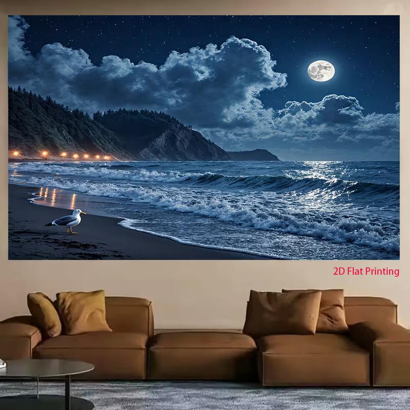 2D Moonlight Ocean Wave Landscape Background