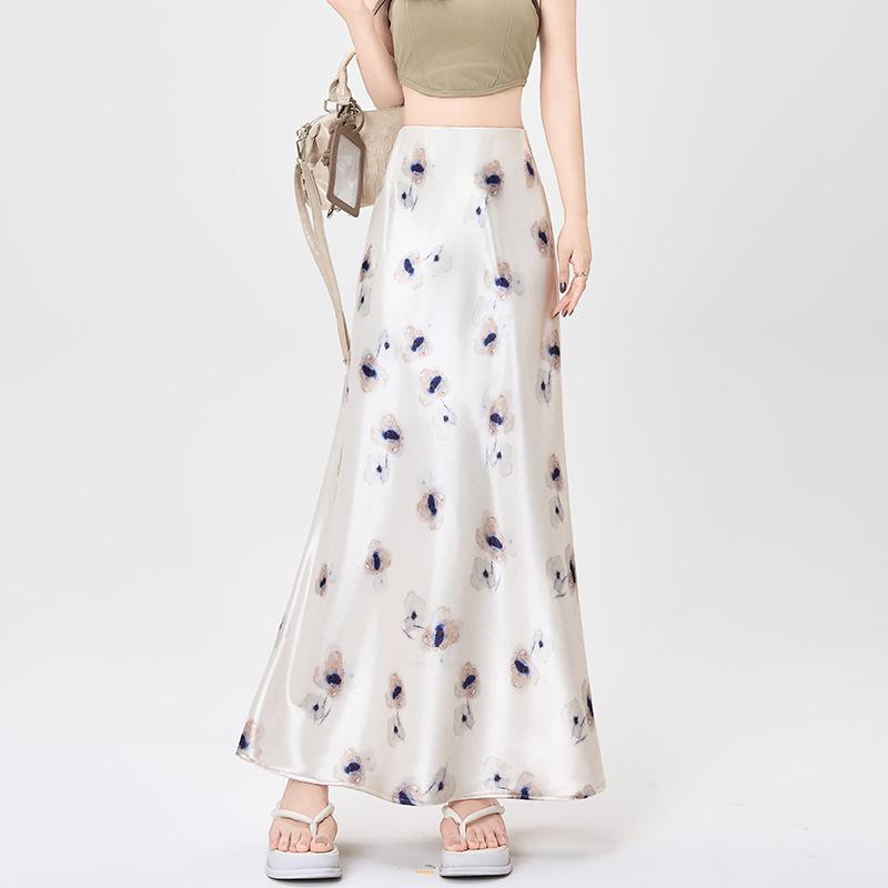

Qooth Liquid Satin Slip Midi Skirt Floral Print A Line Mermaid Maxi Skirt Elegant High Waist Slimming Skirt QT2593 S бежевий