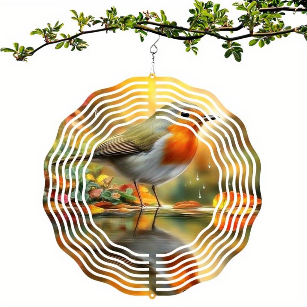 Metal Robin Bird Wind Chime with Autumn Leaves 2D Rotating Design for Outdoor Garden Balcony Patio Decor No Battery Needed