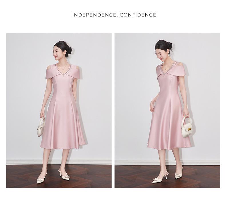 Elegant French V-Neck Off-Shoulder Summer Evening Dress - Light Luxury Studded Waist-Hugging Design