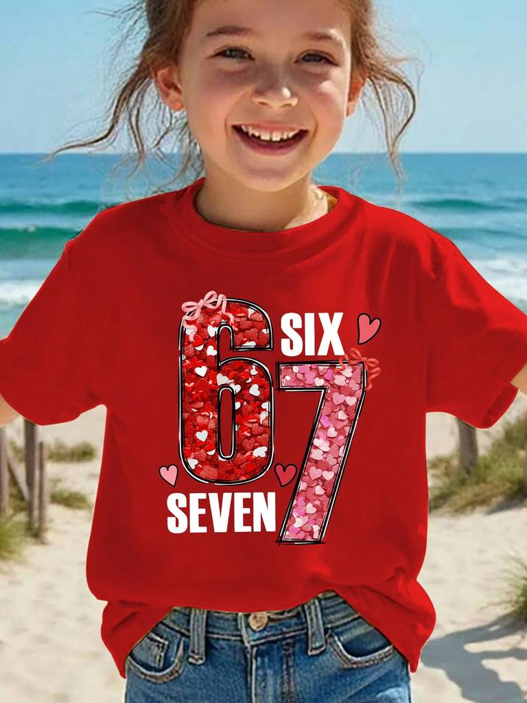 Summer Childrens Round Neck Pure Cotton Shortsleeved Casual Tshirt with 67 Number Heart Cartoon Print Pink Top for Girls