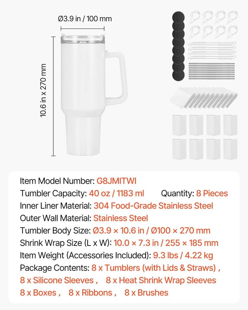 Sublimationstassen, 8er-Pack, 1183 ml Becher Großhandel mit Griff, Sublimationsbecher aus Edelstahl mit Deckeln und Strohhalmen, Doppelwandiger isolierter Becher