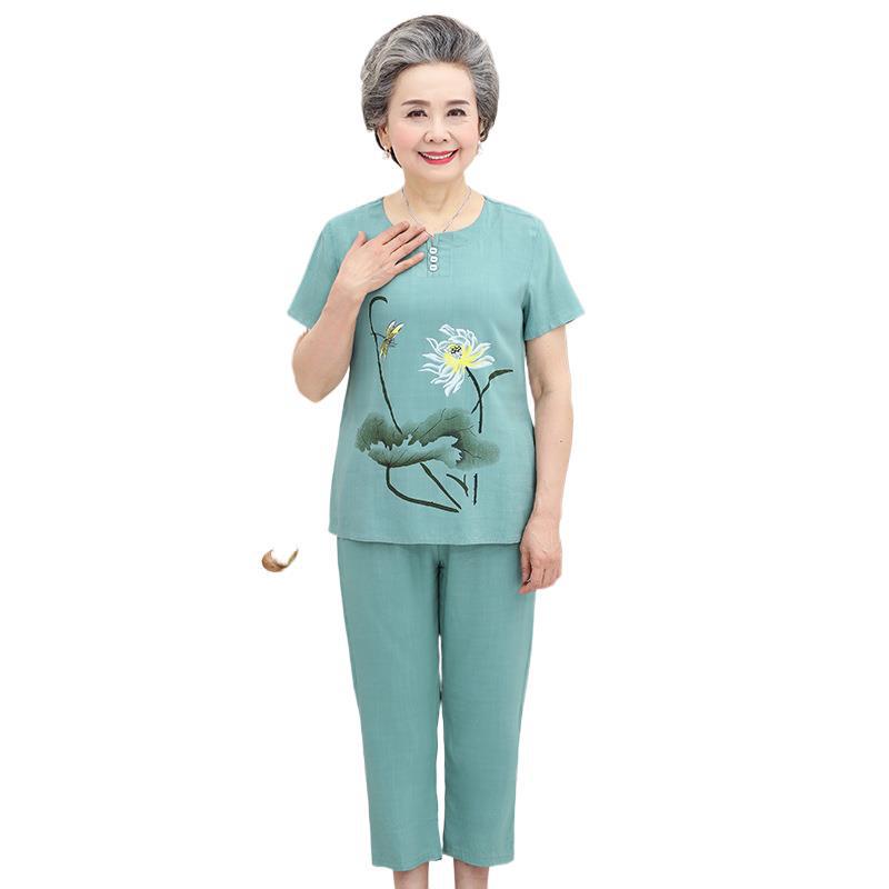 Plus Size Cotton Linen Two-Piece Set for Middle-Aged & Elderly Women: Short Sleeve, All-Cotton Silk Blend