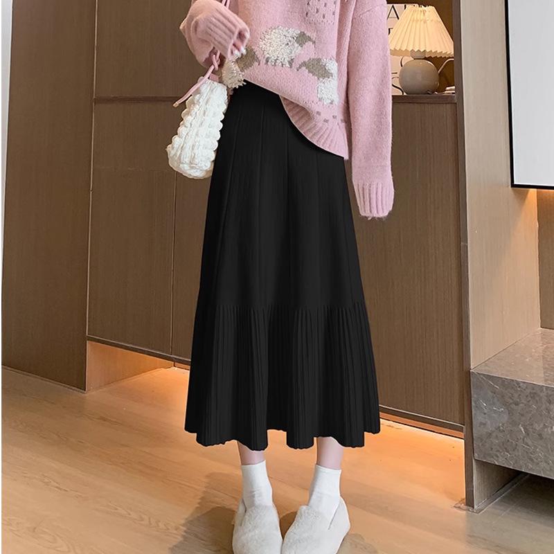 Women's Autumn/Winter 2025 High Waist Knitted Pleated Midi Skirt - Petite A-line Slimming Design