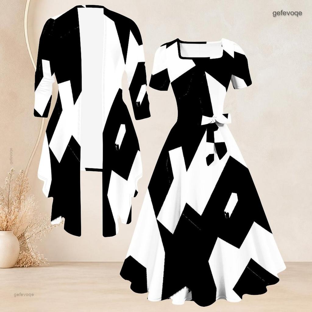 Women Plus Size Two Piece Set Square Neck Short Sleeve Tie Waist Printed Flared Dress 3 4 Sleeve Black White Cardigan