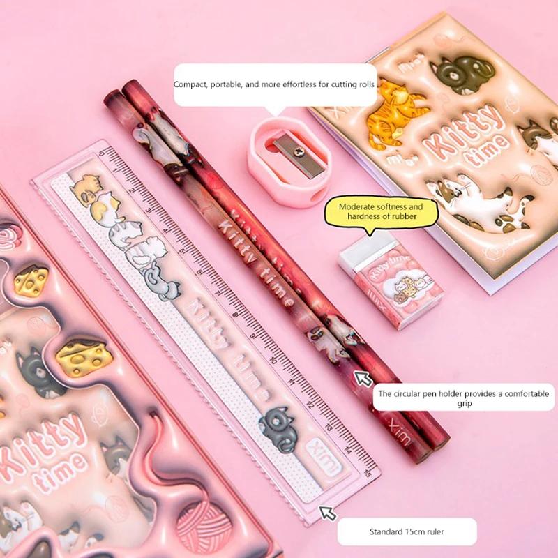 1 Set Cartoon Stationery Set Including Pencil Notebook Ruler Eraser Pencil Sharpener Student School Supplies Stationery Gifts