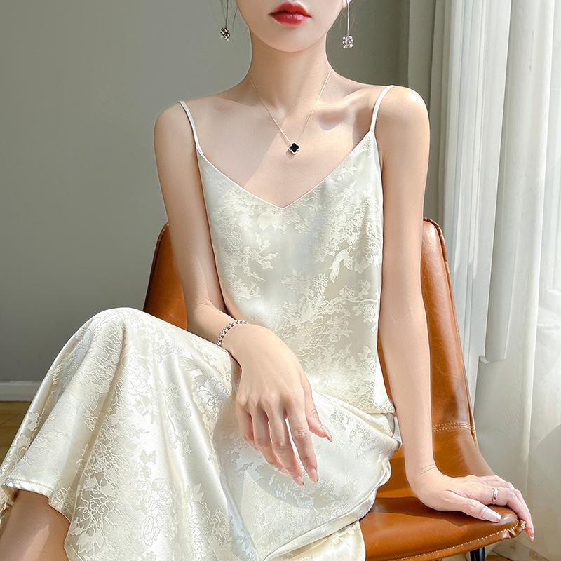 New Summer Acetate Satin Suspender Dress for Women V-neck Solid Color Printed Temperament Slim Base Sexy Long Skirt