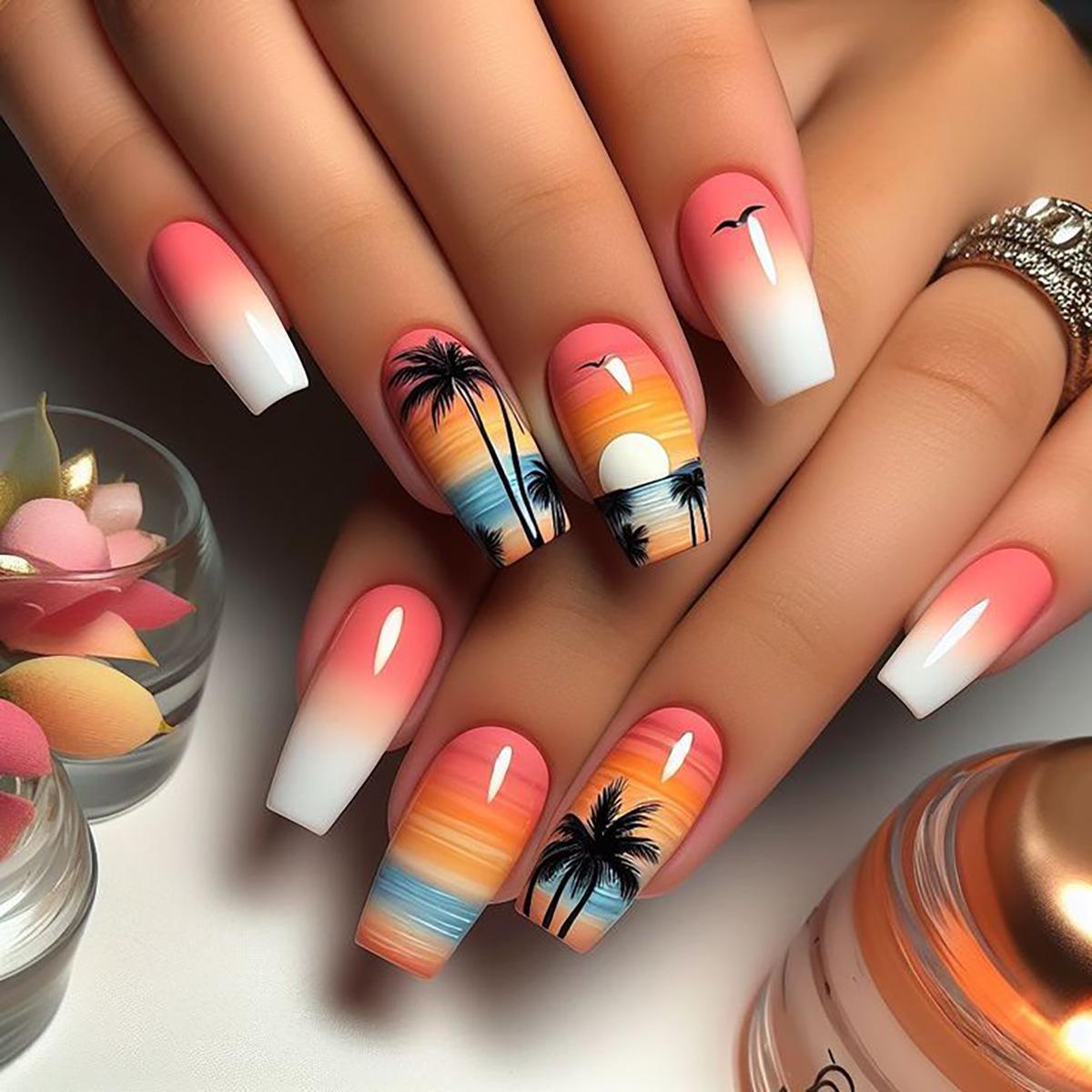 

European American Style Sunset Ballerina Nails – Cute Medium-Length False Nails