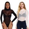 Nouveaux Bodys à Manches Longues Noirs Transparents en Soie Lingerie Sexy Chemises Hauts Pour Femmes Grande Taille Xxxl Printemps Été