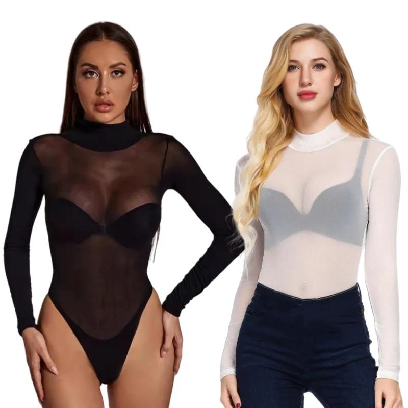Nouveaux Bodys à Manches Longues Noirs Transparents en Soie Lingerie Sexy Chemises Hauts Pour Femmes Grande Taille Xxxl Printemps Été