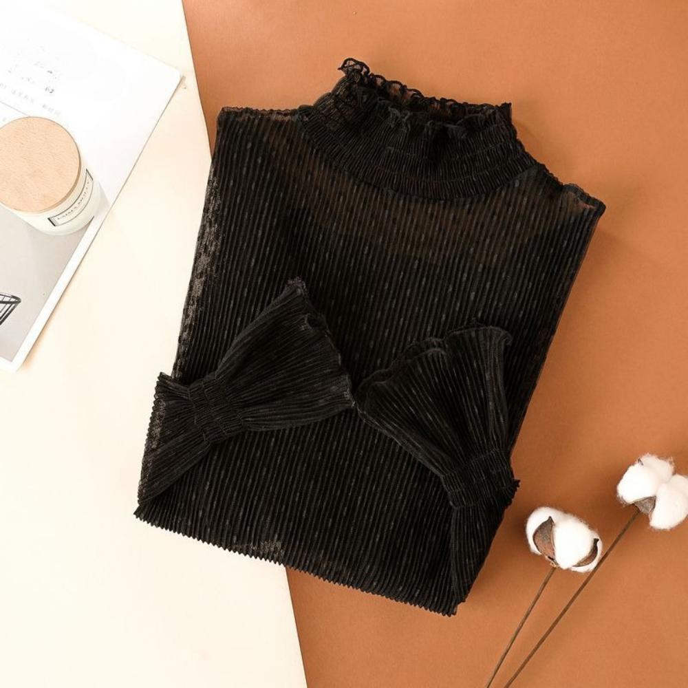 Women T-Shirt See Through Transparent Mesh Tops Long Sleeve Sheer Slim Ladies Turtleneck Silk Ruffled Edge T Shirt Lace Crop Top