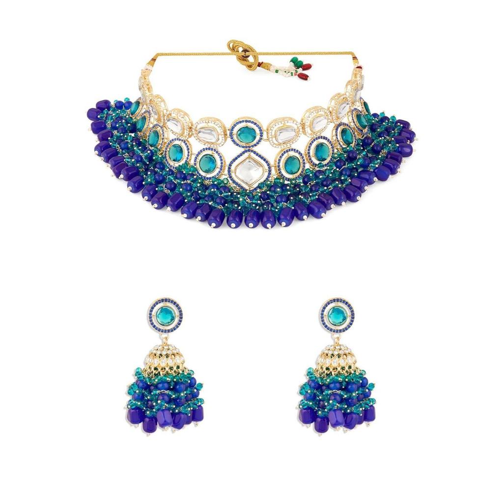 Blue Green Stones Cluster Beads Diamonds Choker Necklace & Earring Set For Women