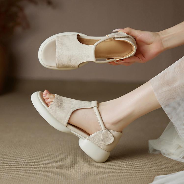 Soft Leather Platform Muffin Fish Mouth Sandals Women's 2025 New Summer Thick Heel Medium Heel Soft Sole Velcro Roman Shoes