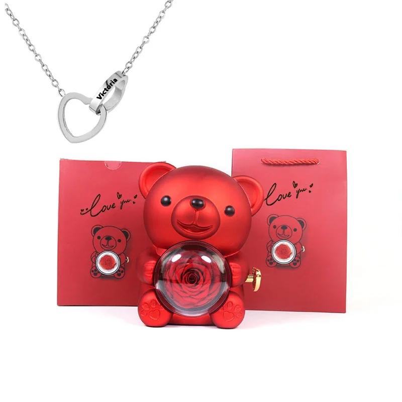 Mini Zarte Herz Gravierte Halskette Süße Bären Schmuckschatullen Valentinstag Muttertag Geburtstagsgeschenk Papiertüten Set