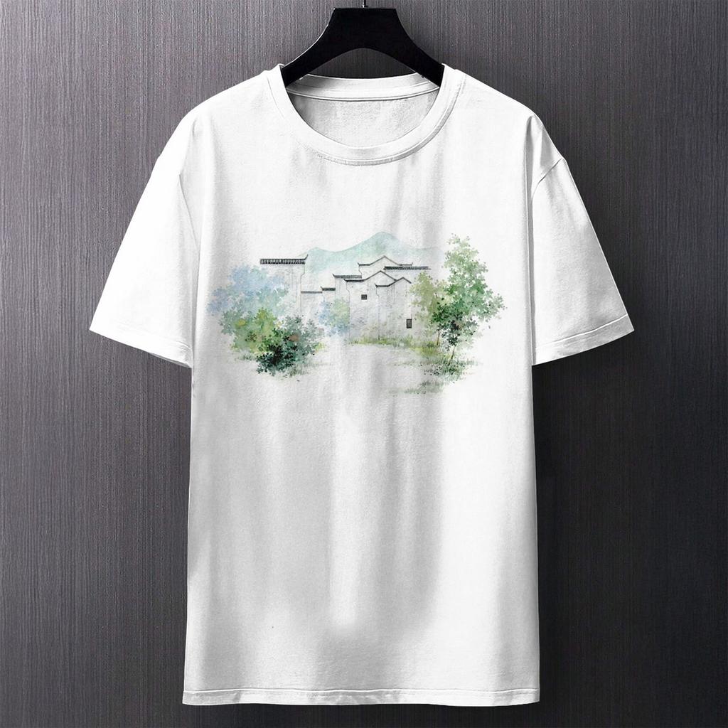 Summer Round Neck 3D Chinese Ink Landscape Print Top Fashionable Casual Short Sleeved Men's T-shirts