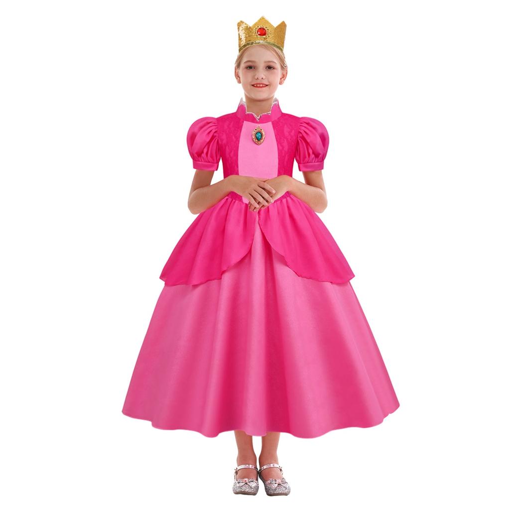 Peach Princess Dress Set - Polyester Fabric Halloween Christmas Carnival Cosplay Costume with Gloves and Crown Rose Pink 120 Cm