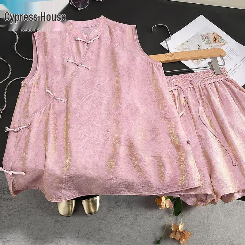 Women s New Chinese Style Sleeveless Two-Piece Set XL розовый