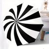 A Black And White Spiral Patterned Automatic Folding Umbrella. It Features a Portable And Collapsible Design, Making It a Casual Outdoor Acc