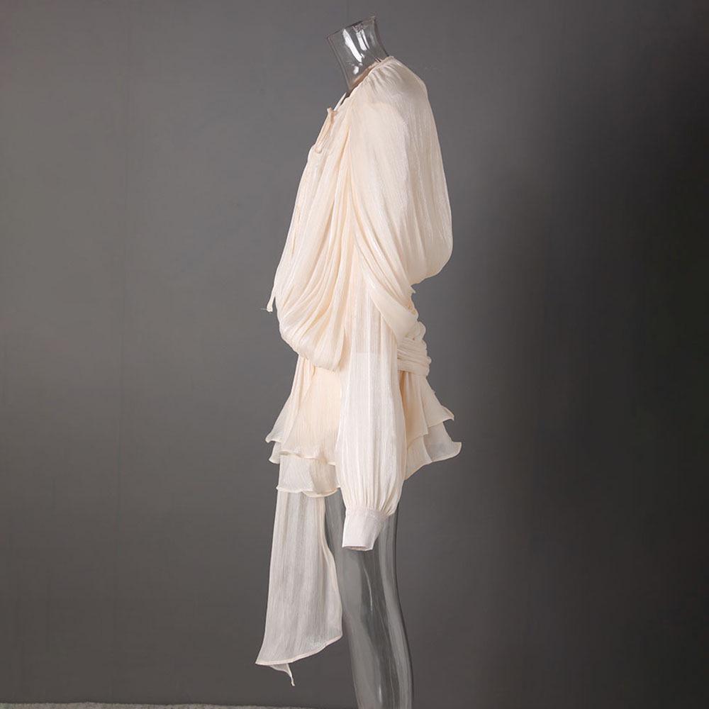 Women's Spring Puff Sleeve Ruffle Dress with Pleated Ribbon Design