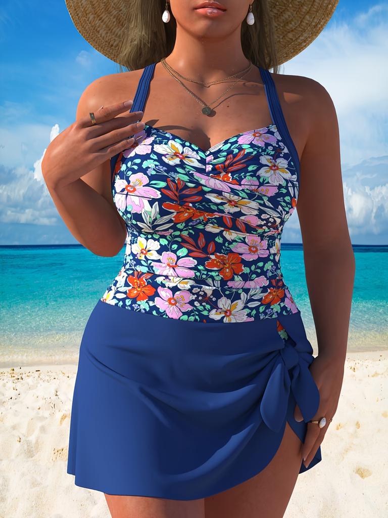 Plus Size Women’s Tummy Control Bathingn Suit One Piece Modest Swimsuit, Printed Swim Dress Slimming Swimwear