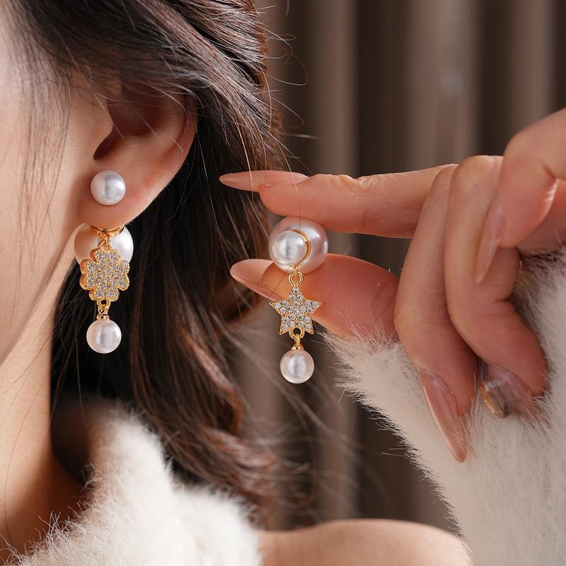 Star Shape Silver Plated Zircon Pearl Earrings For Women Fashion Jewelry
