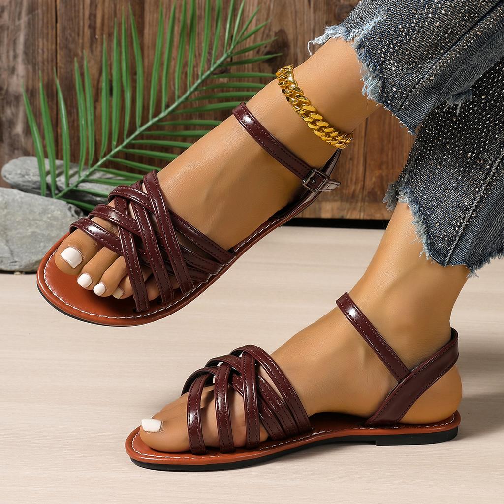 Fashion French Flat Toe Sandals Women's 2025 Summer New Brown Retro Black Comfortable Roman Shoes Shoes for Women Platform Shoes