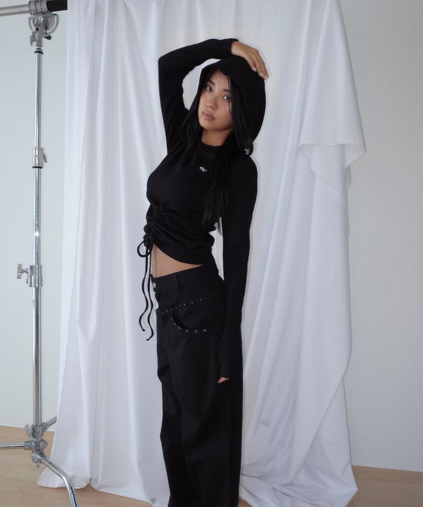 CHICKS Ribbed Shirred Hooded Long Sleeve T-Shirt Black