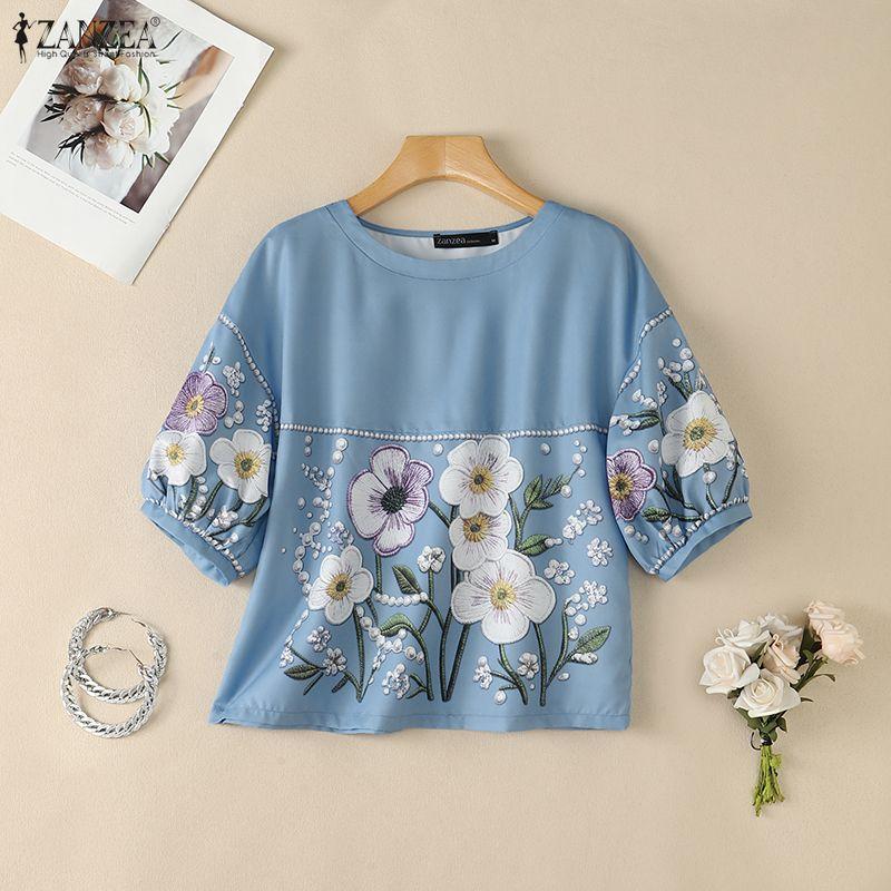 ZANZEA Women Floral Print Summer Casual Round Neck Half Sleeve Blouse