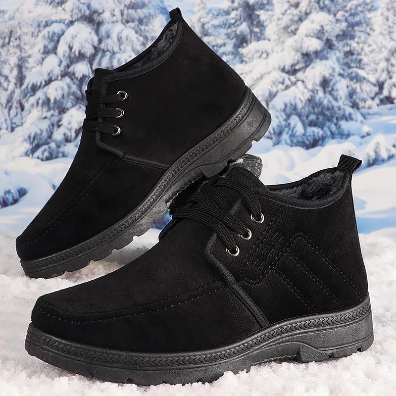 Winter Men Shoes Warm Fur Snow Boots Waterproof Suede Furry Leather Ankle Chelsea Boots Male Fluffy Plush Shoes Outdoor Footwear