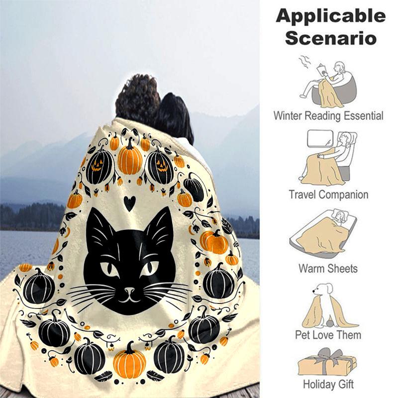 1pc Black Cat and Pumpkin Ideas Blanket  Soft and Cozy Home Decor Gift for Friend, Suitable for All Seasons, Living Room, Travel, Camping